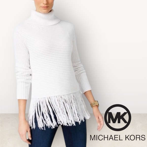 MICHAEL Michael Kors White Fringe Turtleneck Cotton Knit Sweater Women’s Medium - Picture 7 of 8